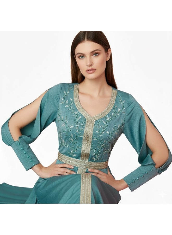 FULL JOY Maxi Elegant Jalabiya embroidered with Sequins and Beads  from a soft and flowing Fabric And Long sleeves with an open cut - Image 2